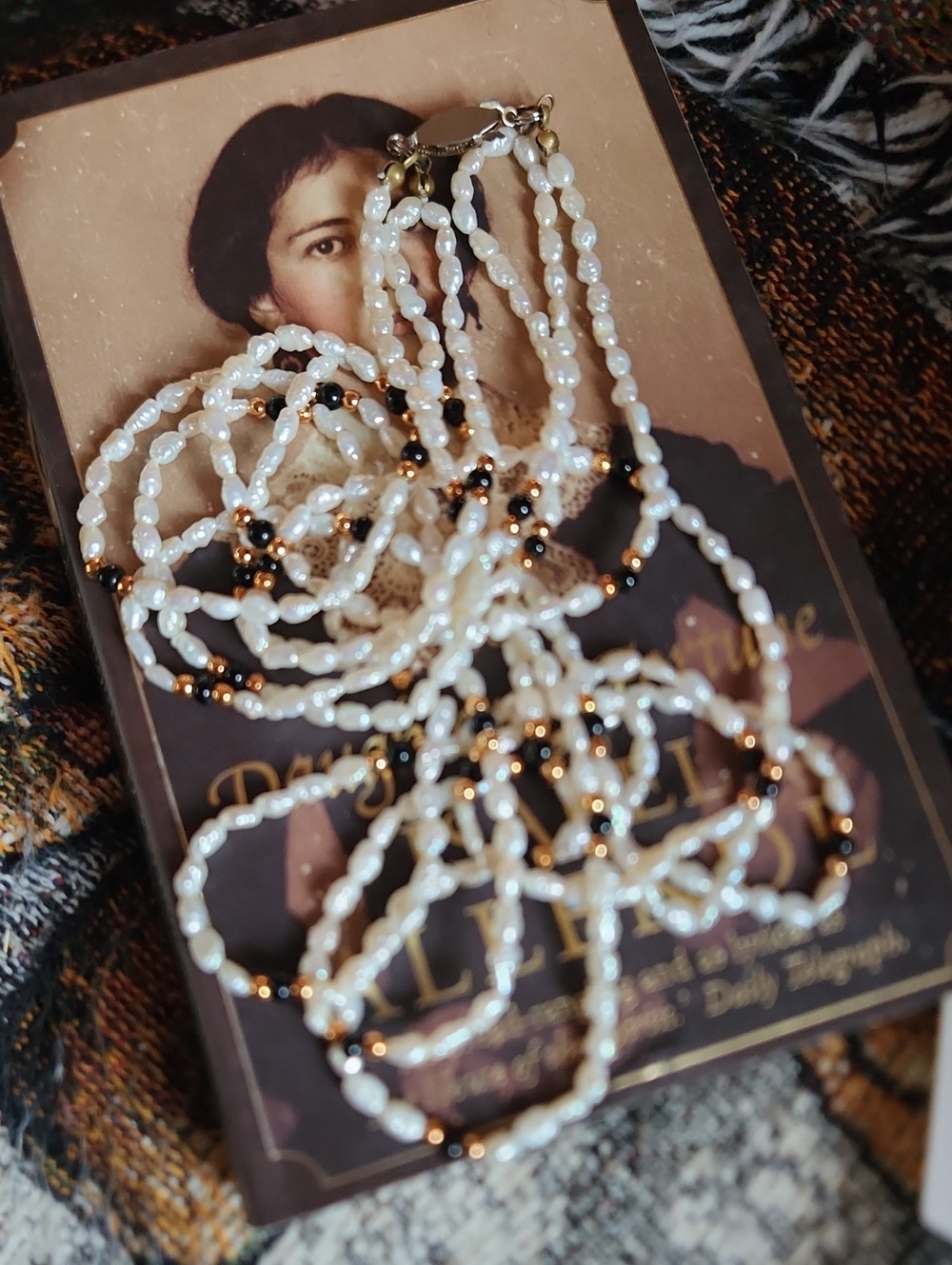 Vintage 10-Strand Freshwater Rice Pearl & Onyx Bead Necklace
